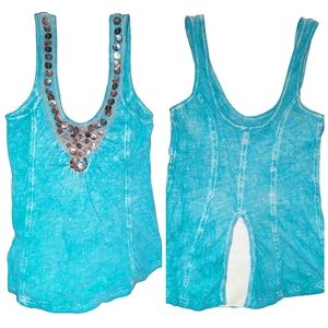 RARE Free People Beaded Cut-Out Tank Top Turquoise Vintage Embroidery XS